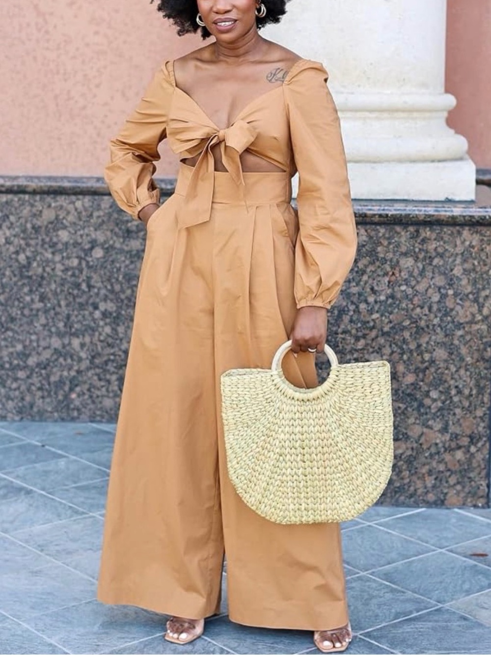 Tie-Front Wide-Leg Jumpsuit in Camel